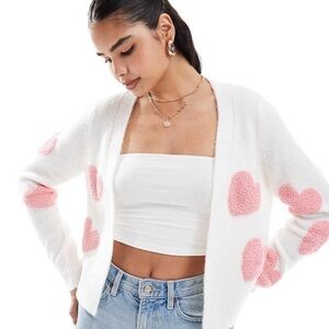 Miss Selfridge Textured Heart Cardigan in Cream with Pink Hearts